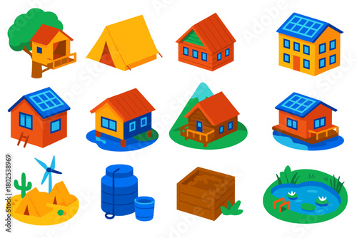 Eco Lodging Icons. Isometric vector illustration set Eco Lodging: treehouse cabin, glamping tent, eco lodge, solar-powered hostel,