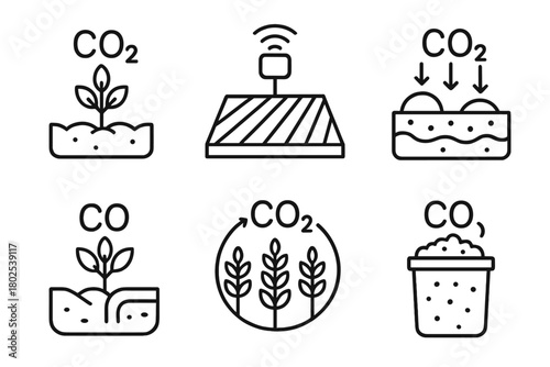 Carbon Capture Icons. Line style icons of carbon capture: agricultural carbon capture, field with sensor icon, soil sequestration