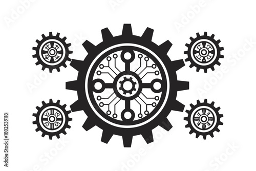 Black gears and circuit patterns convey connection and motion against a white background