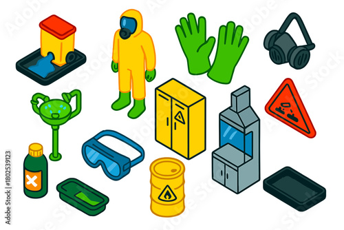 Chemical Safety Icons. Isometric vector illustration set Safety and Warning: chemical spill kit, hazmat suit, chemical resistant