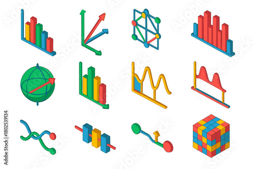 Quantum Visualization Icons. Isometric vector illustration set Quantum Data Visualization: probability histogram, quantum state