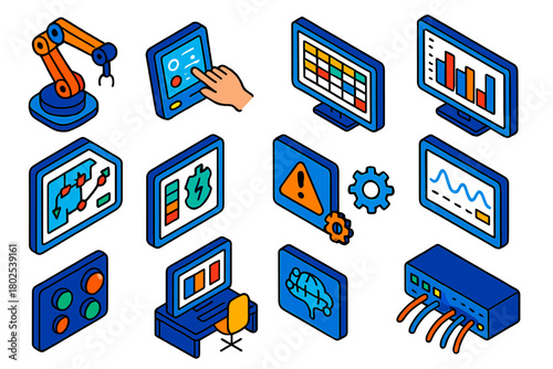Smart Manufacturing Icons. Isometric vector illustration set Smart Manufacturing Control: robotic arm, touchscreen control panel,