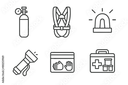 Emergency Protocol Icons. Line style icons of Emergency Protocol Items: oxygen canister, escape harness, alarm beacon, secured