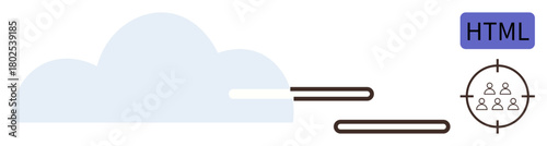 Cloud with HTML label and target symbol with people icons. Ideal for technology, communication, cloud computing, audience targeting, web development, online strategy, innovation. Simple flat metaphor