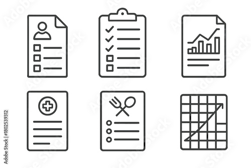 Rehabilitation Icon Set. Line style icons of Rehabilitation Record Keeping: intake form, care log, daily chart, medication record,
