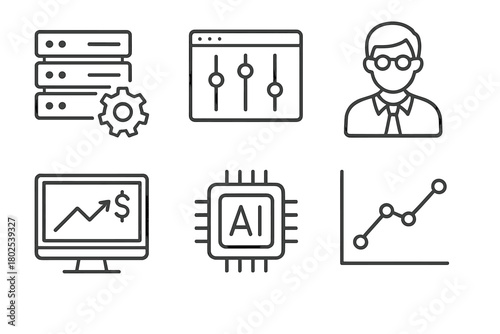 Hedge Fund Icons. Line style icons of hedge funds: hedge fund tech stack, algorithm settings, data scientist icon, financial model