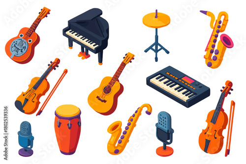 Vibrant Music Icons. Isometric vector illustration set music instruments: resonator guitar, baby grand piano, drum kit hi-hat,