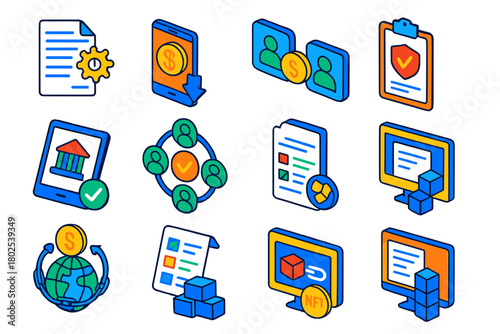 Smart Contract Icons. Isometric vector illustration set Smart Contract Applications: smart contract document, automated payment