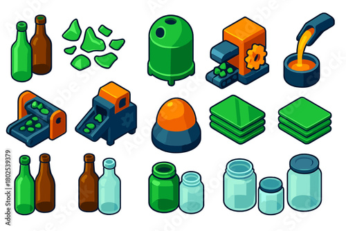 Glass Recycling Process. Isometric vector illustration set Glass Recycling: glass bottles, broken glass pieces, glass collection