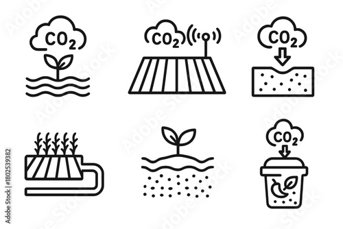 Carbon Capture Icons. Line style icons of carbon capture: agricultural carbon capture, field with sensor icon, soil sequestration