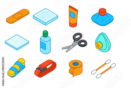 Healthcare Tools Icons. Isometric vector illustration set First Aid and Healthcare Tools: adhesive bandage, wound dressing, gauze