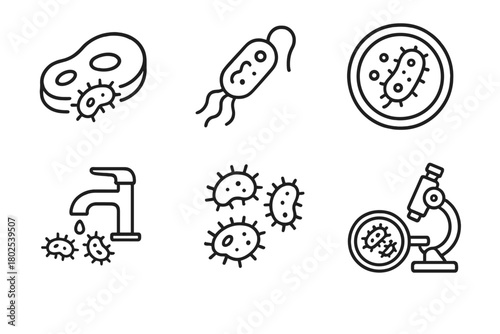 Microbiology Line Icons. Line style icons of microbiology: foodborne bacteria, salmonella icon, E. coli badge, listeria symbol,