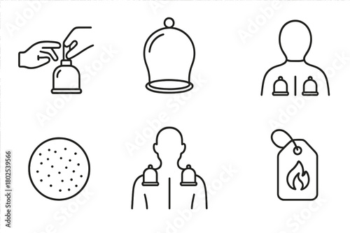 Acupuncture Line Icons. Line style icons of acupuncture: cupping therapy, glass cup icon, suction cup symbol, back with cups, fire