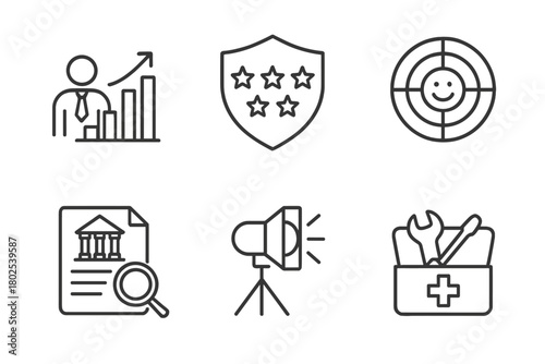 Hedge Fund Icon Set. Line style icons of hedge funds: investor confidence chart, reputation index icon, social sentiment radar,