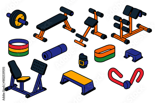 Fitness Essentials Icons. Isometric vector illustration set Fitness and Workout Essentials: ab roller, sit-up bench, back