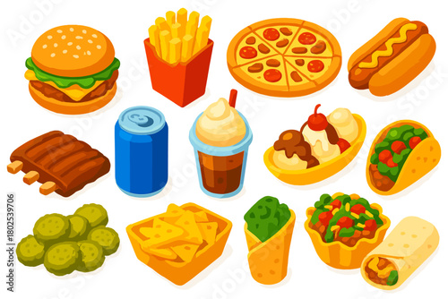 Fast Food Icons. Isometric vector illustration set Fast Food Items: chicken burger, crinkle-cut fries, meat lover’s pizza, hot dog