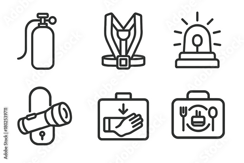 Emergency Protocol Icons. Line style icons of Emergency Protocol Items: oxygen canister, escape harness, alarm beacon, secured