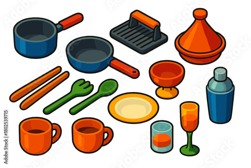 Colorful Kitchen Essentials. Isometric vector illustration set Kitchen and Dining Elements: saucepan without lid, deep sauté pan,