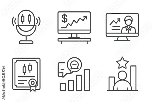Forex Trading Icons. Line style icons of forex trading: forex trading podcast, trading desk monitor, financial TV news, economic