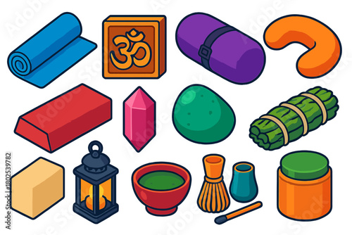 Yoga Essentials Icons. Isometric vector illustration set Yoga and Mindfulness Essentials: foam yoga mat, OM wood carving, bolster