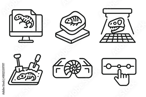 Paleontology Line Icons. Line style icons of paleontology: fossil database, digital specimen icon, 3D scan icon, virtual dig site,