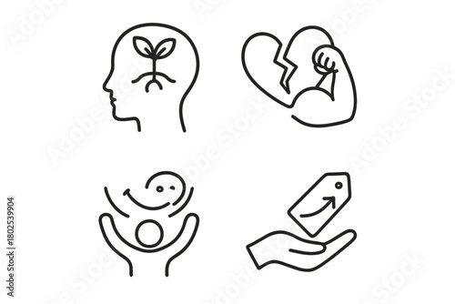 Mental Health Icons. Line style icons of mental health: resilience and growth, seedling in brain icon, adversity to strength,