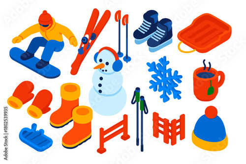 Winter Sports Icons. Isometric vector illustration set winter sports and fun: freestyle jump snowboard, alpine slalom skis, hockey
