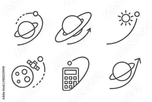 Space Exploration Icons. Line style icons of space exploration: gravity assist maneuver, slingshot effect, energy gain arc,