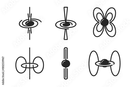 Black Hole Icons. Line style icons of black holes: black hole jets, relativistic jet icon, magnetic funnel, perpendicular emission