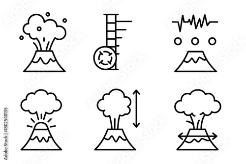 Volcanology Line Icons. Line style icons of volcanology: eruption classification, VEI scale, magnitude level, explosion power,