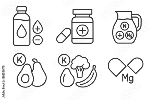 Ketogenic Diet Icons. Line style icons of ketogenic diet: hydration and electrolytes, electrolyte supplement icon, water jug with