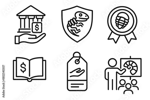 Paleontology Icons Collection. Line style icons of paleontology: museum donation, fossil sponsor icon, preservation fund badge,
