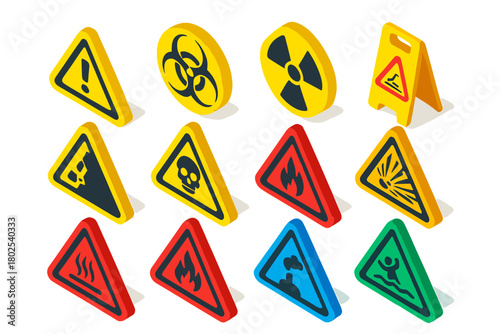 Vibrant Safety Icons. Isometric vector illustration set Safety and Warning: hazard symbol, biohazard sign, radiation sign, high