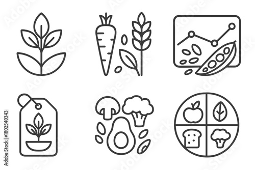 Plant-Based Nutrition Icons. Line style icons of nutrition science: plant-based nutrition, vegetables and grains icon, legumes and