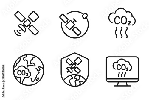 Carbon Capture Icons. Line style icons of carbon capture: satellite monitoring, orbiting satellite icon, atmospheric data icon,