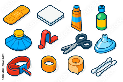 Colorful First Aid Icons. Isometric vector illustration set First Aid and Healthcare Tools: adhesive bandage, wound dressing,
