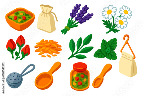 Wellness Essentials Icons. Isometric vector illustration set Wellness, Relaxation, and Beauty Essentials: herbal bath tea, muslin