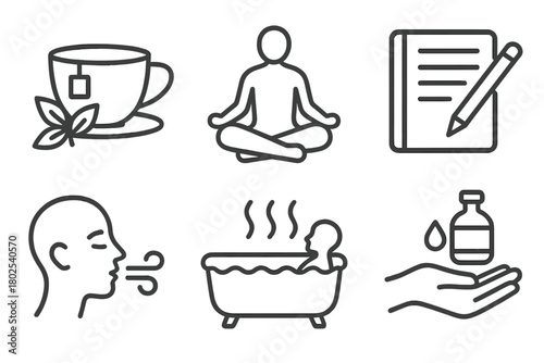 Homeopathic Wellness Icons. Line style icons of homeopathic wellness activities: herbal tea, meditation pose, journaling habit,
