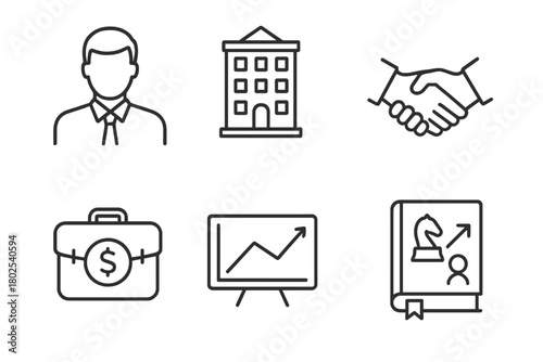 Hedge Fund Icons. Line style icons of hedge funds: fund manager, hedge fund building, investor handshake, financial portfolio,