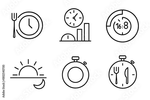 Intermittent Fasting Icons. Line style icons of intermittent fasting: fasting clock symbol, eating window chart, 16:8 schedule