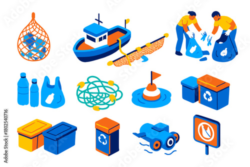 Ocean Cleanup Efforts. Isometric vector illustration set Air Travel Essentials: regional jet, simple passport, overhead bin bag,