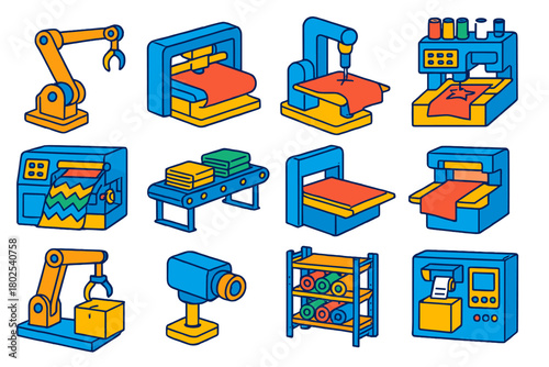 Textile Automation Icons. Isometric vector illustration set Textile Industry Automation: robotic arm, automated fabric cutter,