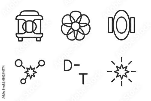 Nuclear Fusion Icons. Line style icons of nuclear fusion: plasma reactor, fusion core, magnetic confinement, fusion reaction icon,