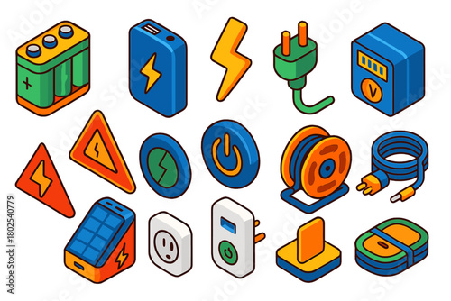 Energy Icons Collection. Isometric vector illustration set Energy and Sustainability: battery pack, portable power bank, lightning