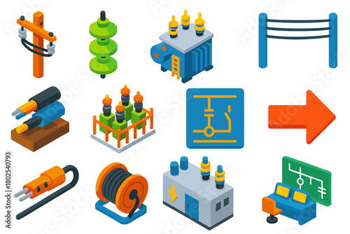 Power Transmission Icons. Isometric vector illustration set Power Transmission Symbols: power pole, insulators, transformer