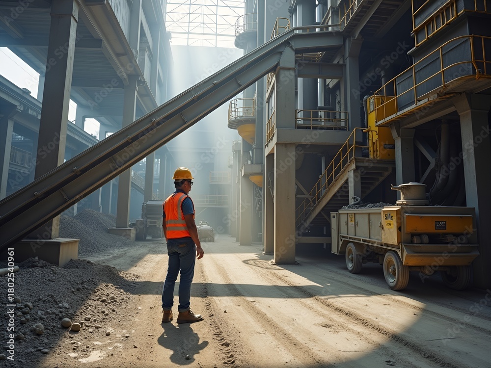 Fototapeta premium Worker construction industrial surveys machinery in a large factory setting