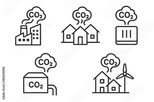 Community-Scale Carbon Capture. Line style icons of carbon capture: community-scale CCS, residential area icon, small capture box,