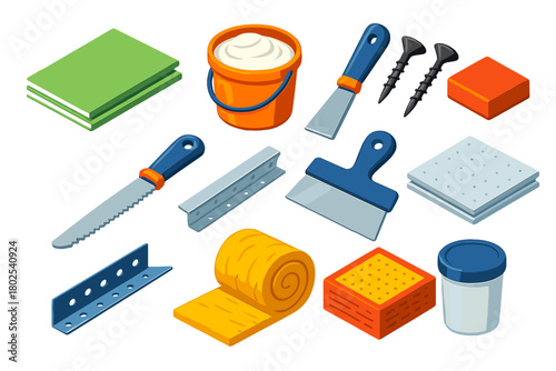 Isometric Construction Tools. Isometric vector illustration set Construction: interior drywall sheet, joint compound, drywall