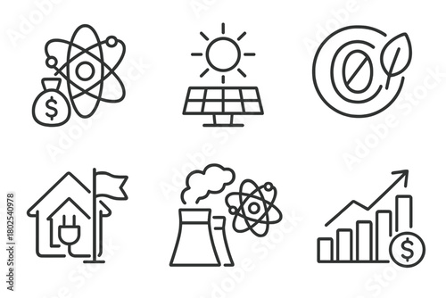 Nuclear Fusion Icons. Line style icons of nuclear fusion: fusion economy, clean energy icon, zero carbon symbol, energy