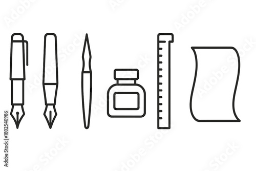 Calligraphy Tools Icons. Line style icons of Western Calligraphy Instruments: fountain pen, broad nib, copperplate pen, ink bottle